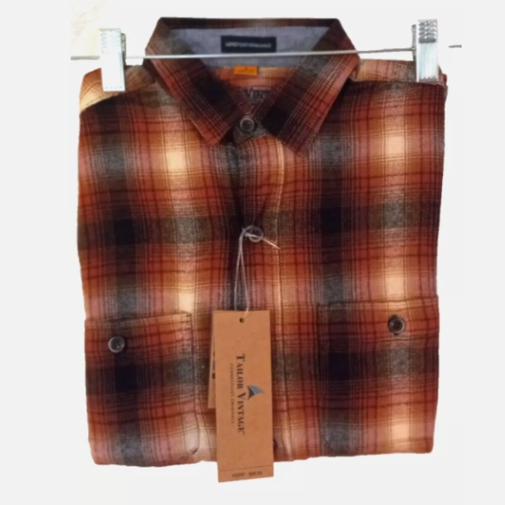 Tailor Vintage Men’s Flannel Shirt Sz  NWT Plaid Stretch Button Down Long Sleeve